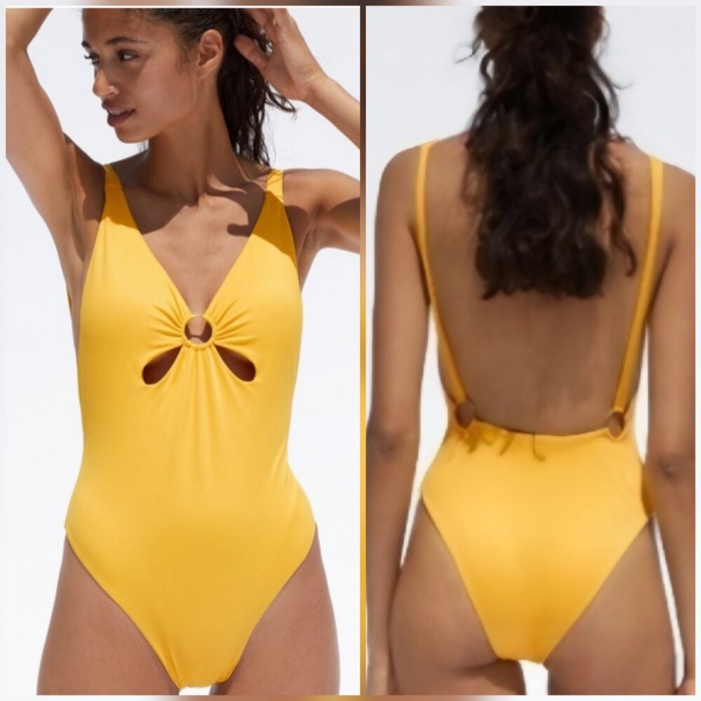 NWT ZARA Yellow One Piece Deep V-Neck Cut-Out Keyhole Backless Swimsuit - M
